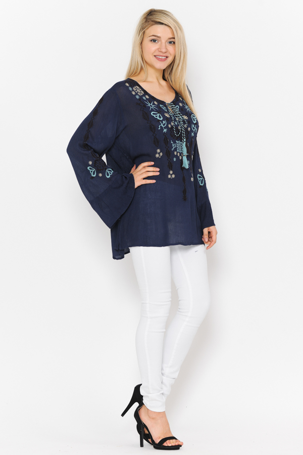 Bell Sleeves Embroidery Tunic Top - Navy